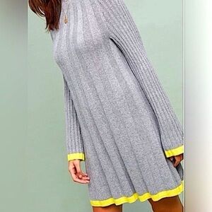 Anthropologie Arsenau Sweater Dress Gray Yellow Ribbed Knit Wool Alpaca Size XS